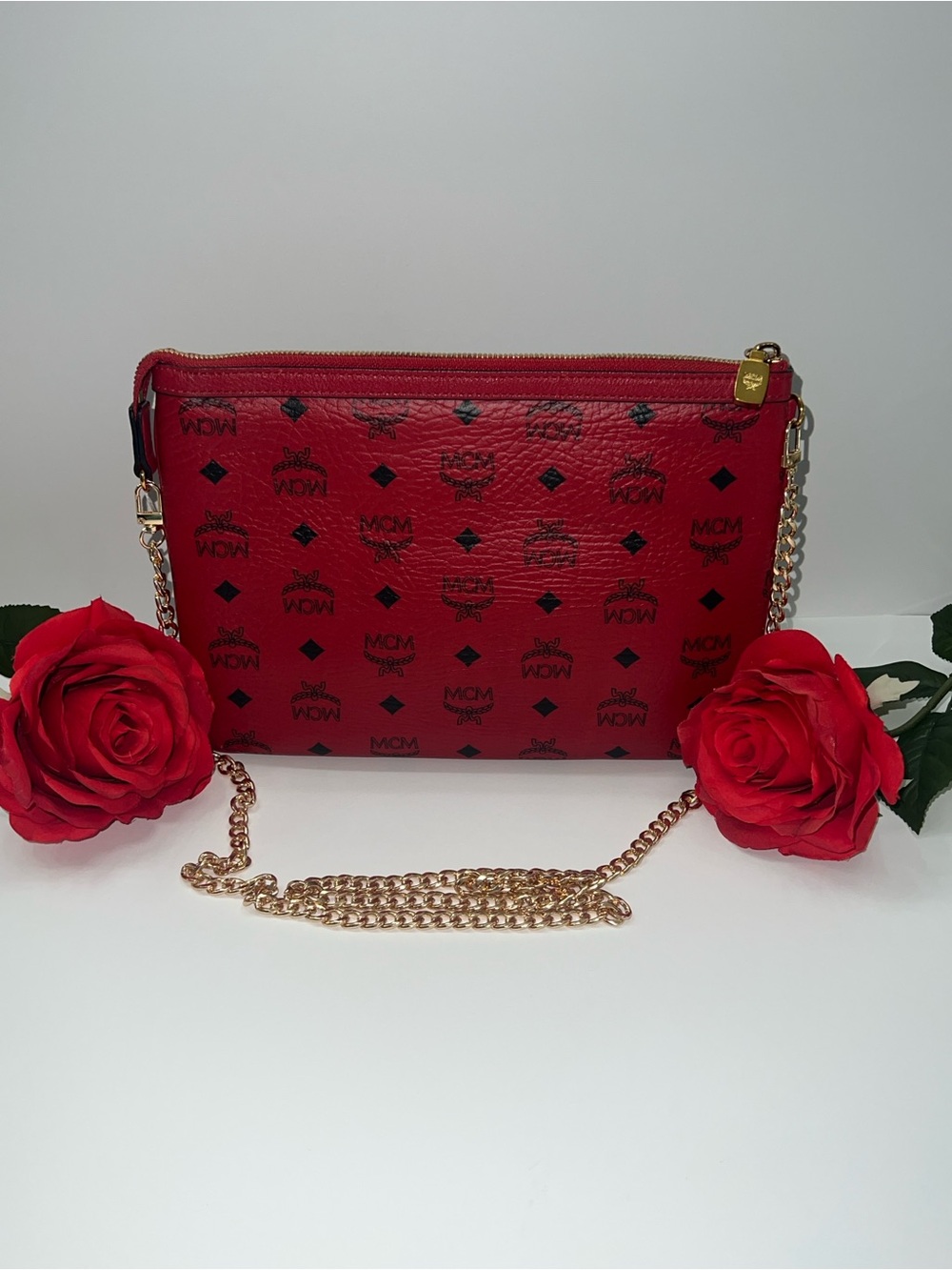 Authentic MCM Red Visetos Crossbody Clutch Bag